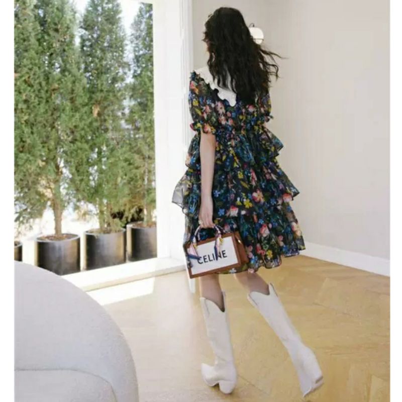 MDLV ~ 1894# Rosaria Tiered Mini Dress Layer Flower Dress Premium Korea Fashion import