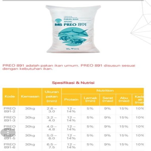 MS Preo 891-2 30kg Pakan Makanan Pellet Ikan Nila Bandeng Bawal Lele