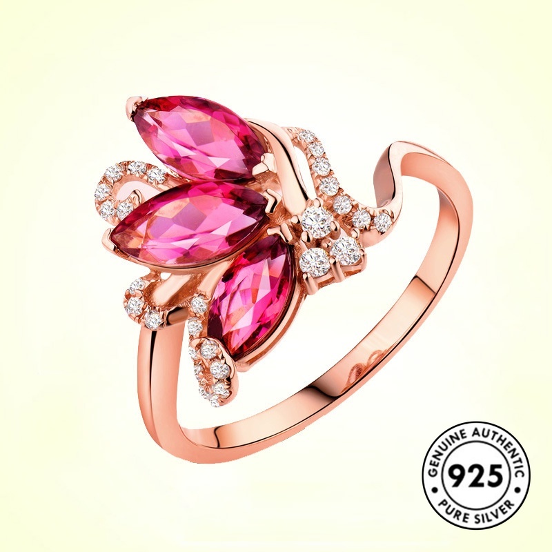 Cincin Sterling Silver 925 Model Tetesan Air Warna Rose Gold Untuk Wanita Ruby