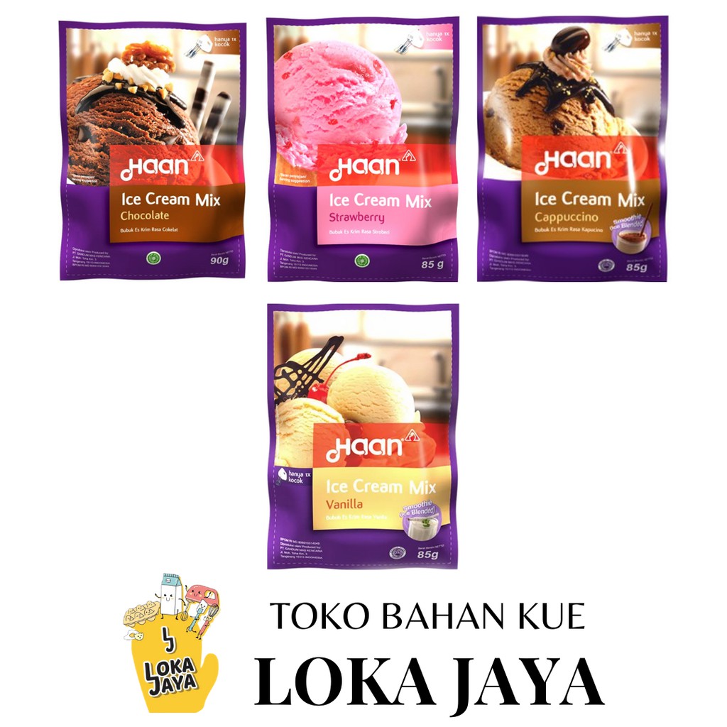 

HAAN ICE CREAM/BUBUK/POWDER PREMIX/ES KRIM VANILLA, COKELAT, CAPPUCINO, STRAWBERRY SACHET 90/85 GR