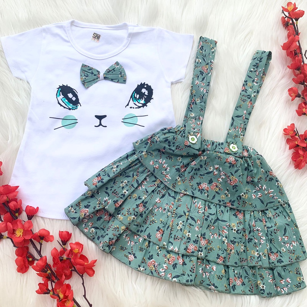 Baju setelan kaos overall dress motif bunga fashion anak bayi cewek perempuan baby girl murah -mii-Overall green