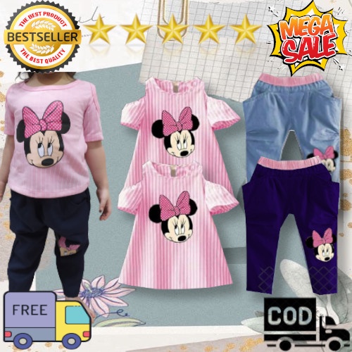 VISION ONLINE [GRATIS ONGKIR BISA COD] SETELAN STRIPY MINNIE//SETELAN ANAK PEREMPUAN ADEM SABRINA ANAK BAYI CEWEK 1 2 3 4 TAHUN BAJU ATASAN LENGAN PENDEK KAOS CELANA PANJANG DENIM KARET KASUAL ANAK CEWEK MURAH KEKINIAN TERBARU LUCU IMPORT ORI KOREA STYLE