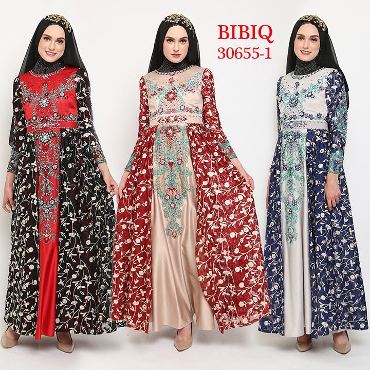 BIBIQ Gamis Pesta Mewah bahan Brokat Bordir Payet Mote kombinasi Satin 30655-1