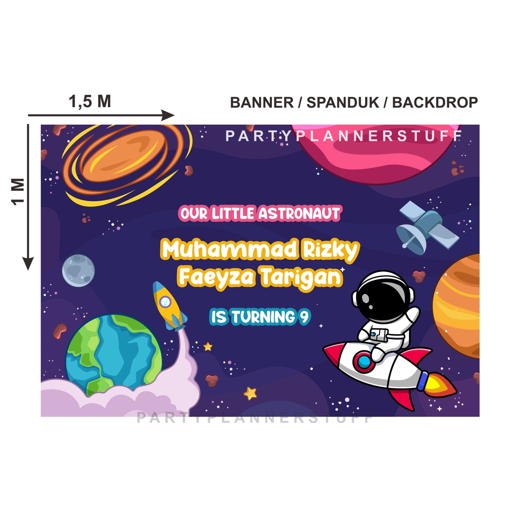 Banner backdrop spanduk ulang tahun anak cowok tema astronot astronaut dekor ultah anak tema space l