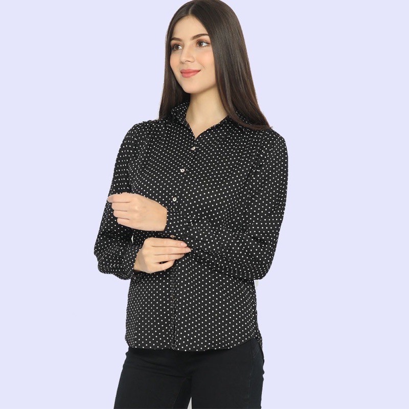 H&M 84 Shoulder Pleat Polka Black - Baju Kemeja Kerja Wanita Lengan Panjang Branded Original