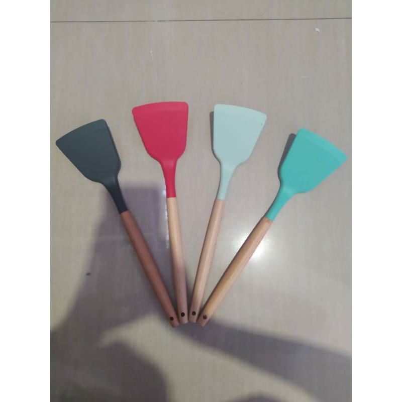 KJ - Sutil Satuan / Spatula silicon set Spatula silikon tahan panas Silicone Utensil Spatula / Spatula Silicon / Utensile Turner / Sutil Silikon Tahan Panas Spatula Gagang Kayu / Sendok Goreng Silikon Tahan Panas spatula silicone color wooden handle