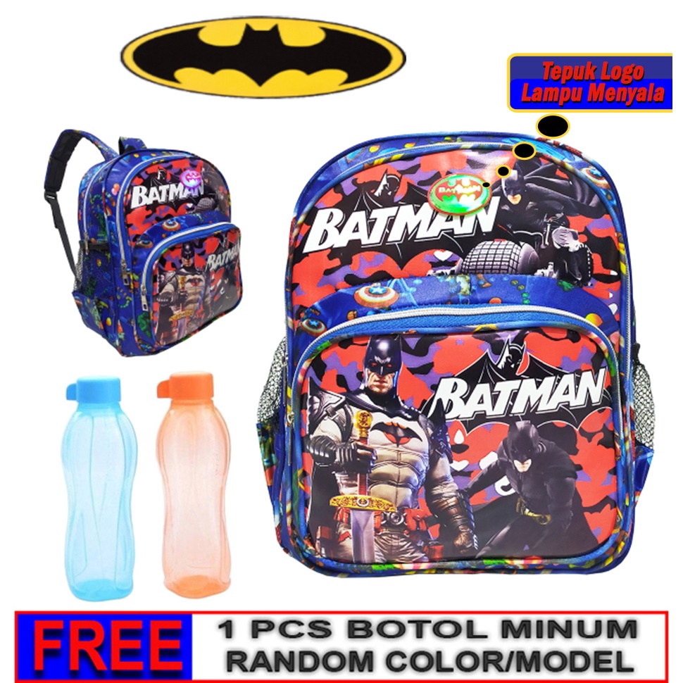 Tas Ransel Anak Laki laki Paud / Tk Led Lampu Nyala karakter BATMAN FREE BOTOL