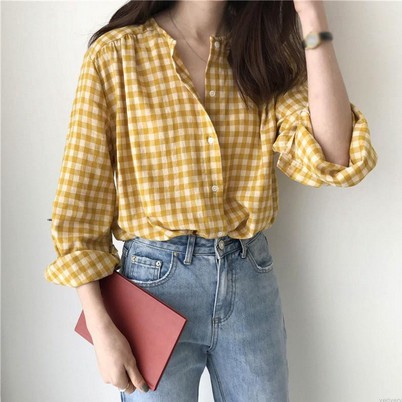 ilook | Kemeja Round Neck | Korean Round Neck Plaid Loose Sweet Casual Longsleeve Shirt