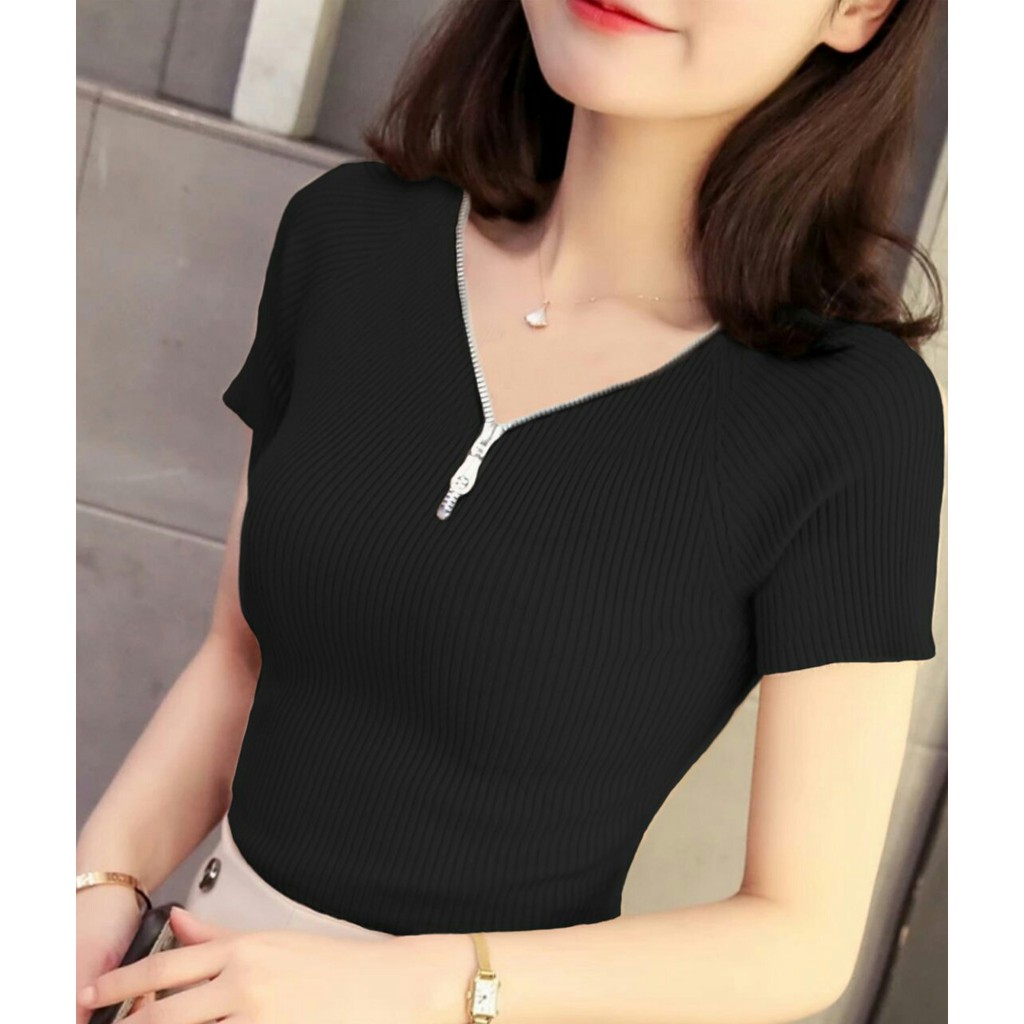 HOPYLOVY Blouse V Sleting Lengan Rajut