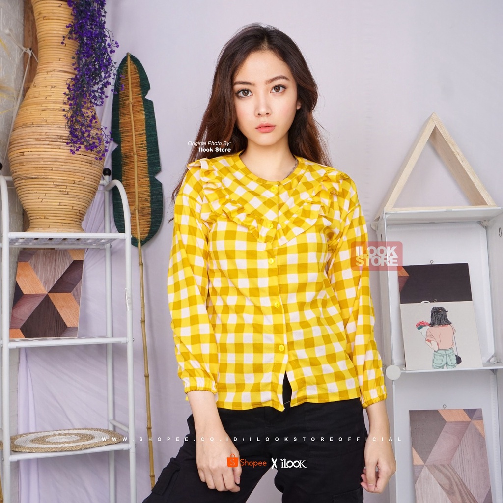ilook | Monez Blouse | Blouse Motif Kotak | Bahan Creap - Fit to L-MONEZ - MUSTARD
