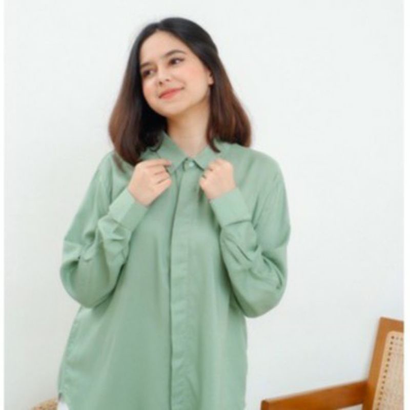 KEMEJA WANITA CASUAL POLOS BASIC AUDREY BASIC SHIRT KEMEJA LENGAN BALON POLOS, KEMEJA TANGAN BALON-kmj basic sage GREEN