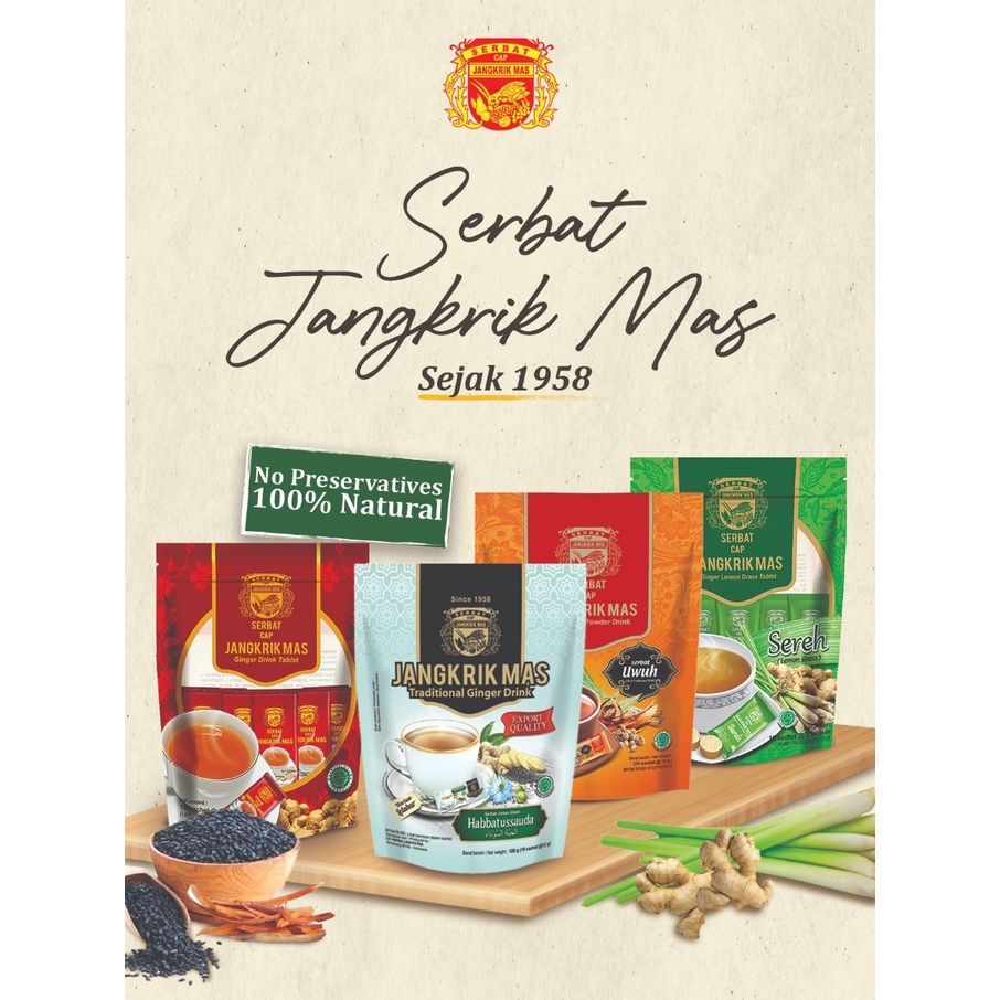 

Serbat Cap Jangrik Mas Wedang Uwuh Jahe Sereh Habbatussauda 1 pack isi 10 sachet