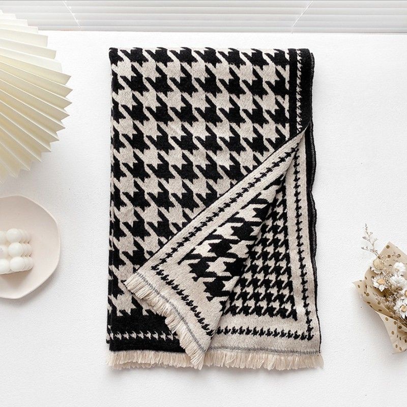 IMPORT WOMAN WINTER HOUNDSTOOTH WOOL LONG SCARF SHAWL SYAL SELENDANG PANJANG WANITA WOL MUSIM DINGIN-Hitam