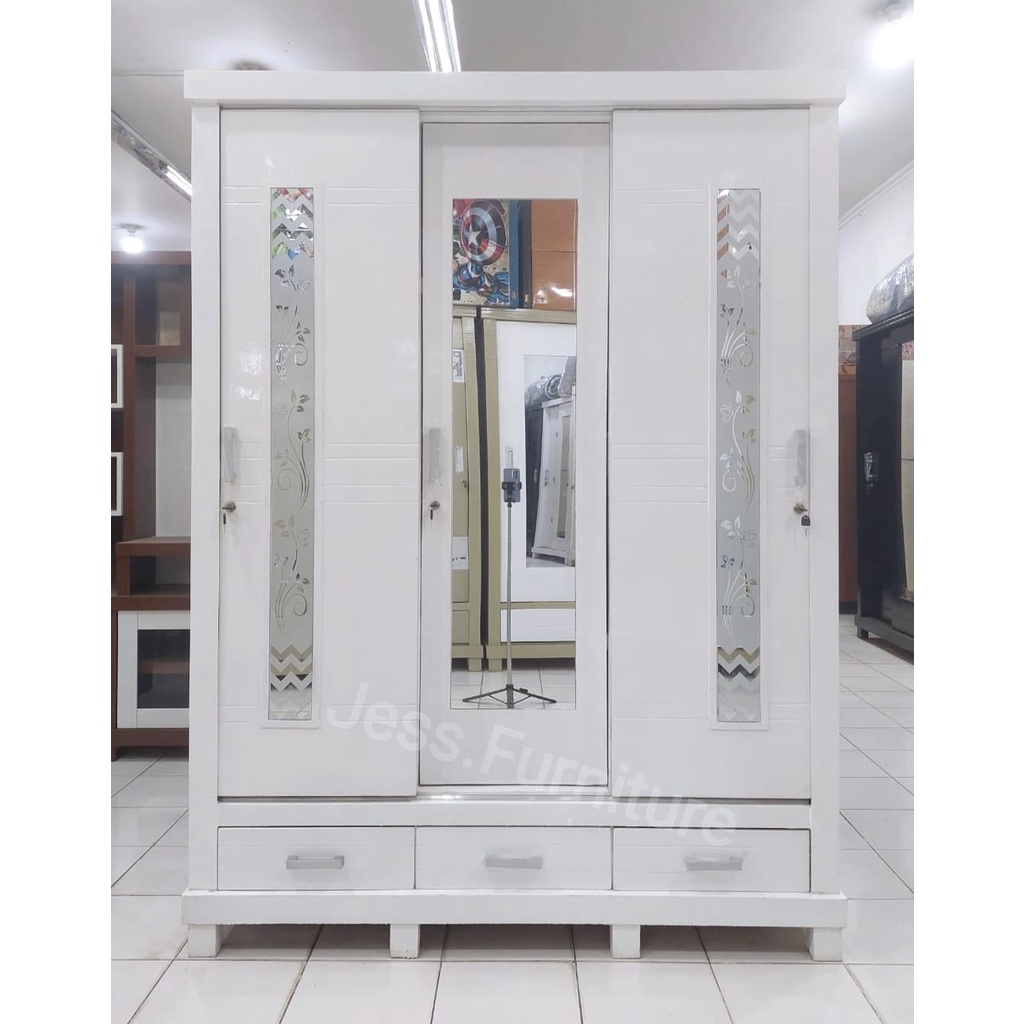 Lemari Baju 3Pintu Geser , Lemari Pakaian 3Pintu Putih , Lemari Baju Minimalis , Lemari Pakaian Slid