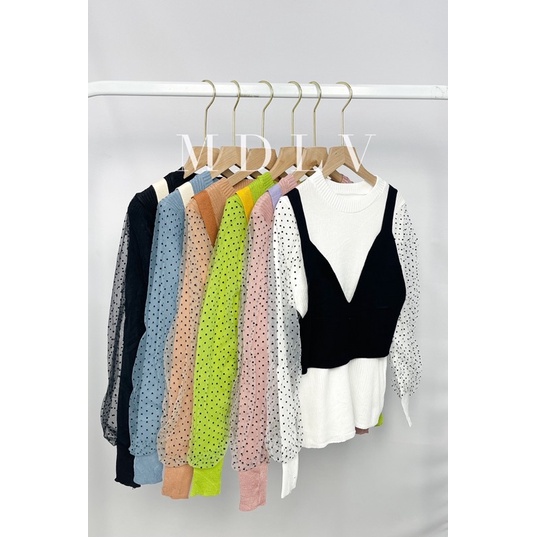 MDLV ~ F111# Tinydot Knitted 2pcs Set Atasan Blouse Vest Rajut Korea Import