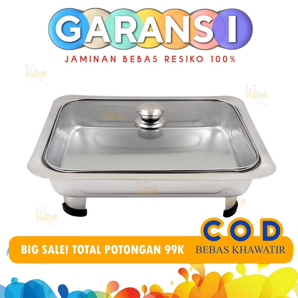 Nampan Baki Stainless Persegi Fast Food Dish Prasmanan Kotak Plus Tutup Kaca
