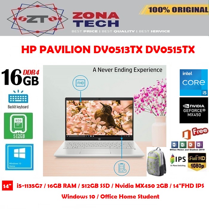HP PAVILION 14-DV0513TX DV0515TX DV0517TX - i5-1135G7 - 16GB - 512GB SSD - MX450 2GB - BACKLIT KB - 14