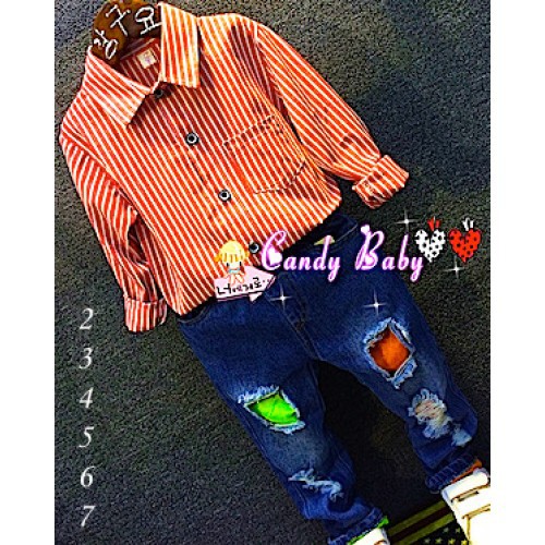 Baju anak perempuan impor reseller/dropship stripe merah jeans 15793