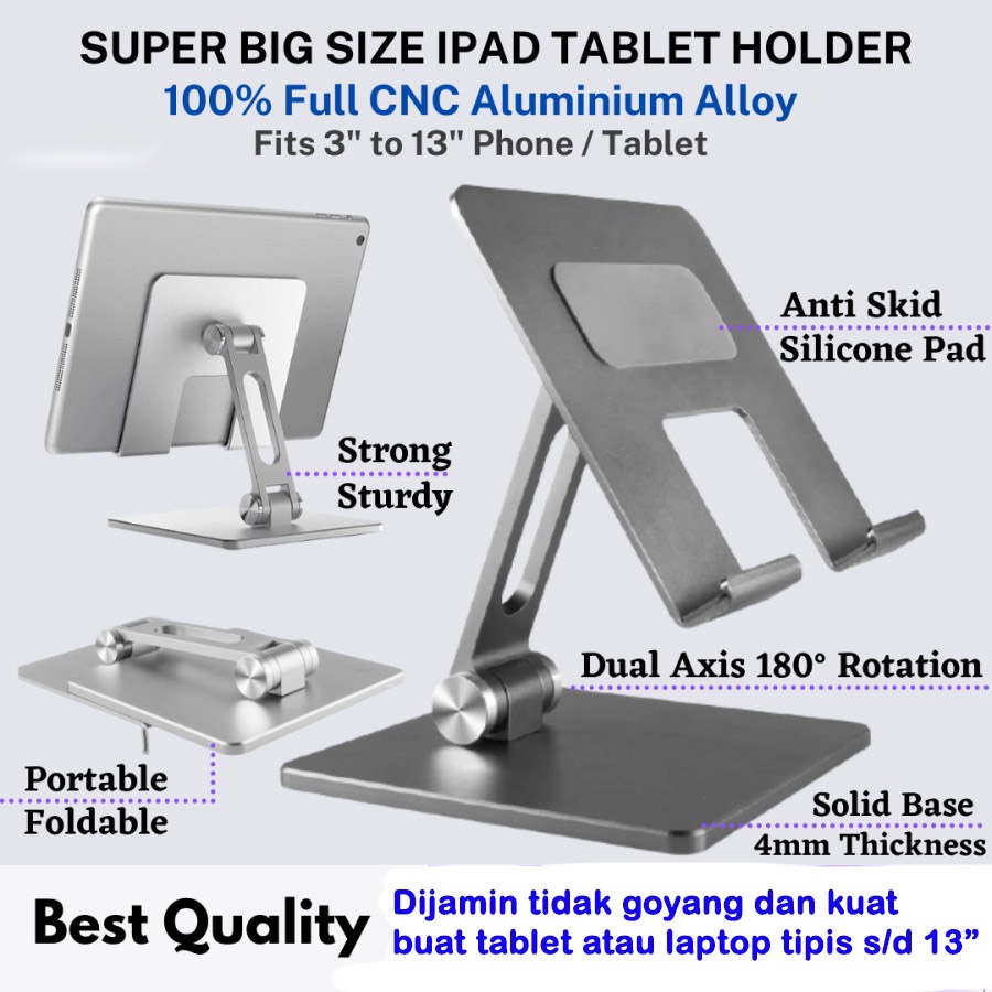 Stand Holder TABLET s/d 13 inch lebar 13cm IPAD PRO Dudukan Aluminium samsung dudukan handphone