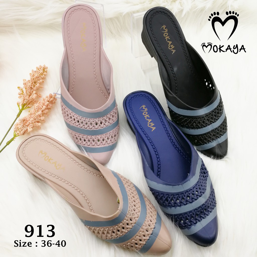 SEPATU SLOP WANITA HAK 3 cm MOTIF GARIS ANYAM CANTIK ELEGANT IMPORT MOKAYA / size 36-40 (913 sepatu)