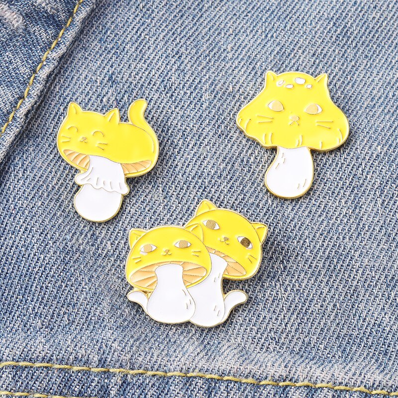 Cat Face Yellow Mushroom Enamel Pins Cute Animals Plants Brooch Lapel Badge Bag Cartoon Jewelry Gift for Friends