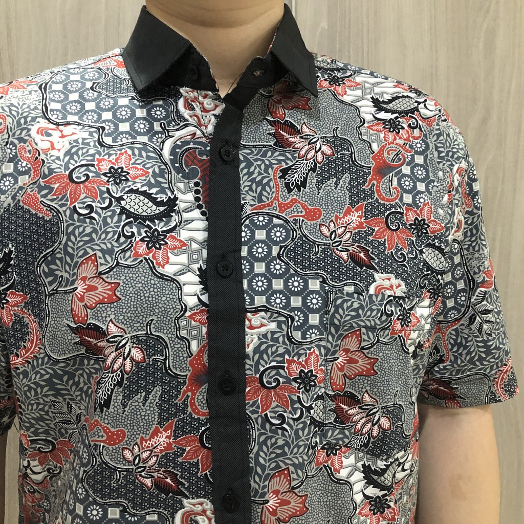 [GRIDLINE - R025] Kemeja Batik Pria Katun Lengan Pendek Regular Batik Abu Modern