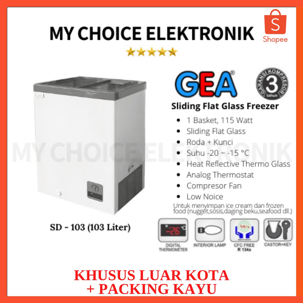 GEA SLIDING FLAT GLASS FREEZER SD-103 [Luar Kota] + Packing Kayu