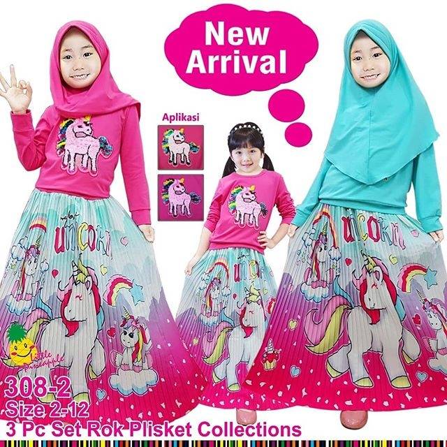 Little Pineapple Baju Muslim Anak Unicorn Aplikasi Sequin Squin dan Rok Plisket 308