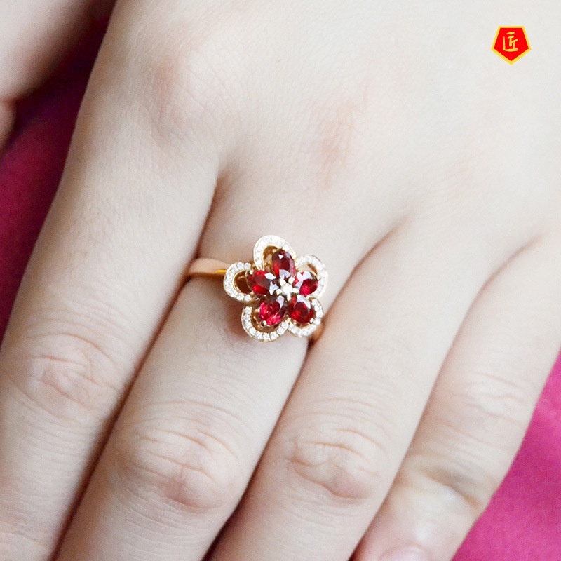 [Ready Stock]Fashion Elegant Ruby Flower Ring