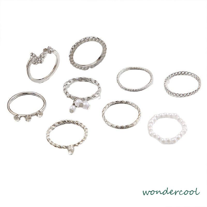 9 PCS Wanita Tipis Berongga Mutiara Kristal Kupu-kupu Berlian Premium Knuckle Ring Set-Won