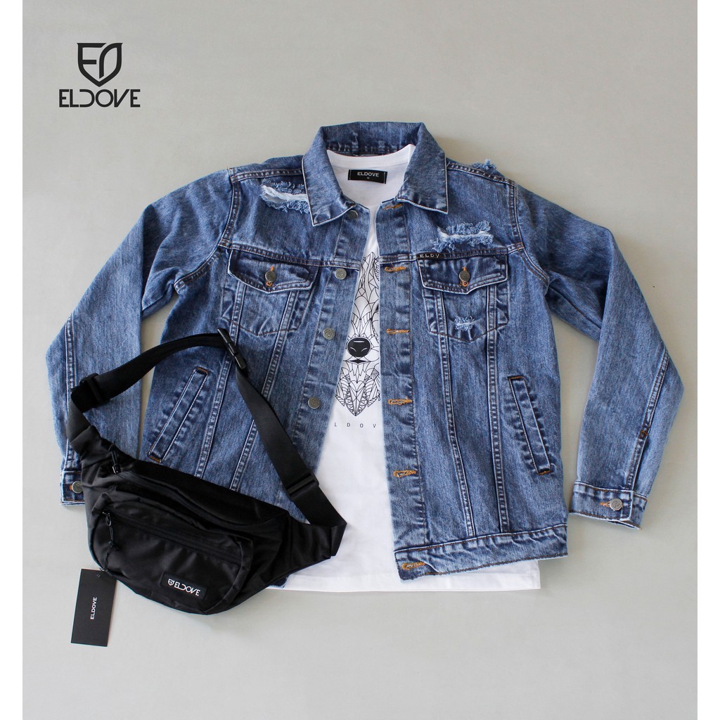 Eldove Paket Jacket Denim + Kaos + Waistbag 9507