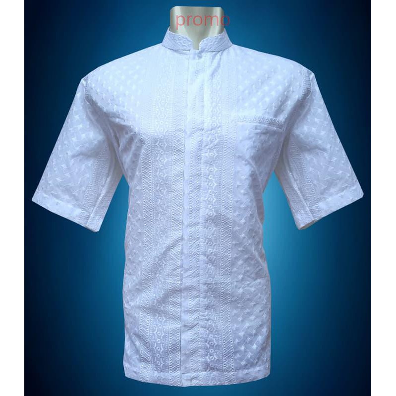 Baju Koko Pria-  Lengan Pendek Putih Full Bordir Motif Circle arrow