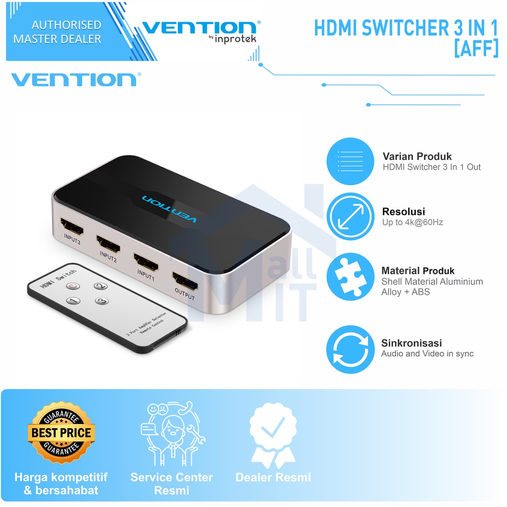 ( bisa cod) Vention HDMI Switcher 3 Input 1 Output 4K 3D Dolby Support 5V 1A AFF