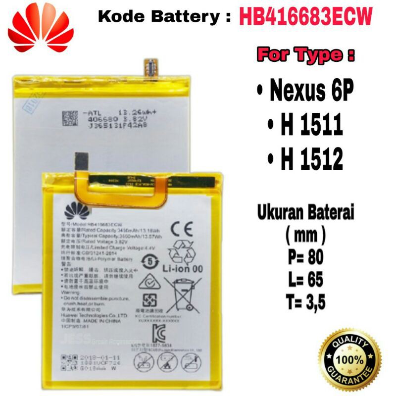 Baterai Battery Batere Original HW HB416683ECW For type Google Nexus 6P , H1511 , H1512