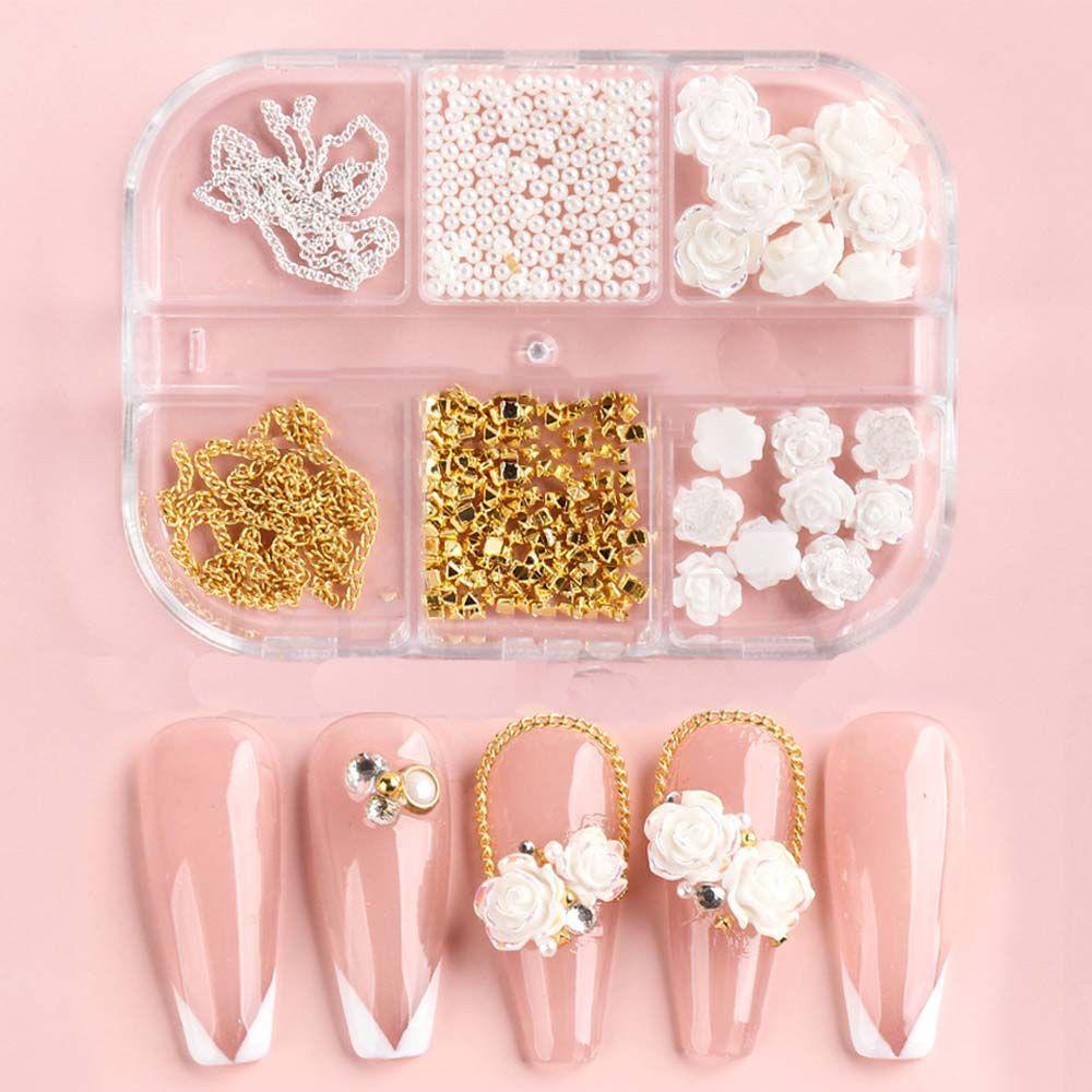 Mxbeauty 6 Sekat / Set Hiasan Kuku Bentuk Bunga Kamelia / Mawar / Mutiara Imitasi Untuk Nail Art / Manicure