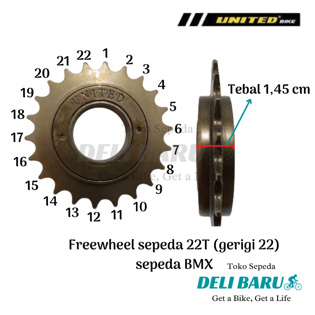 United Freewheel 22T gir belakang sepeda anak BMX fixie mini