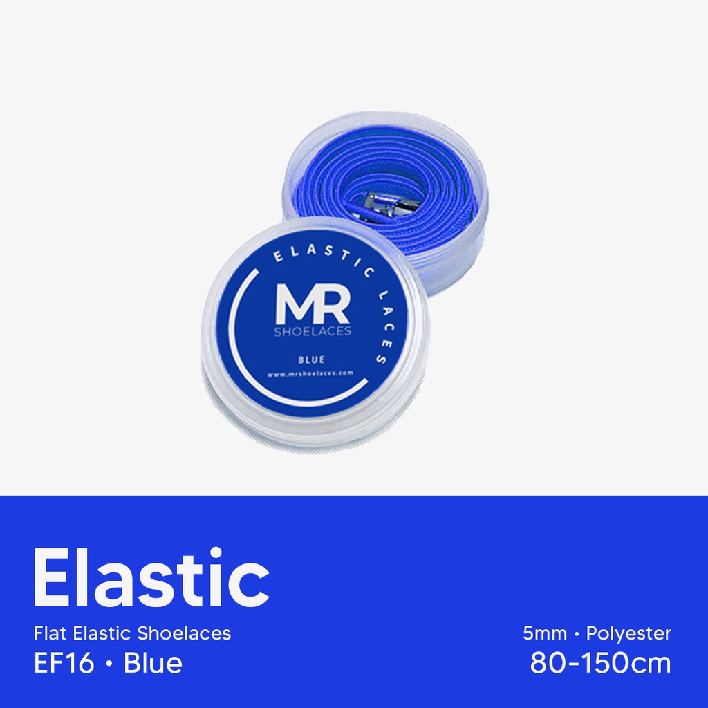 Original MR Shoelaces EF16 Elastic Blue Biru Tali Sepatu Flat Elastis (Karet Lentur) with Metal Clip / Lock 80cm 100cm 120cm 150cm - Premium Shoelace