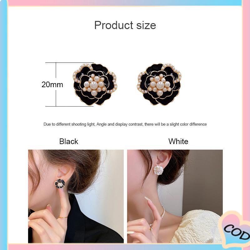 COD❤️925 anting-anting mutiara Camellia Retro anting-anting bunga berlian-A.one