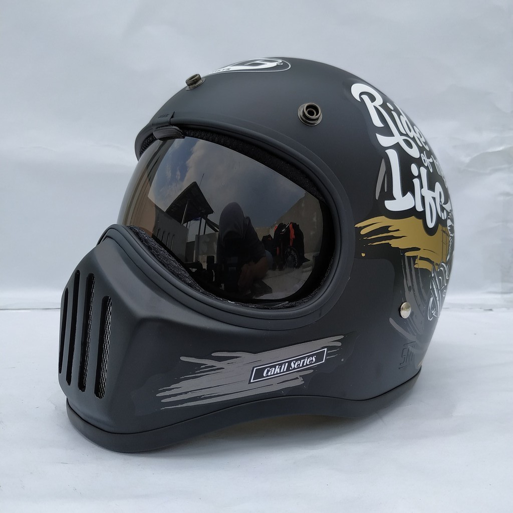 Helm Cakil HBC Ride Of life Black + Inner Visor ( Fullface / Retro / Klasik / Vespa )