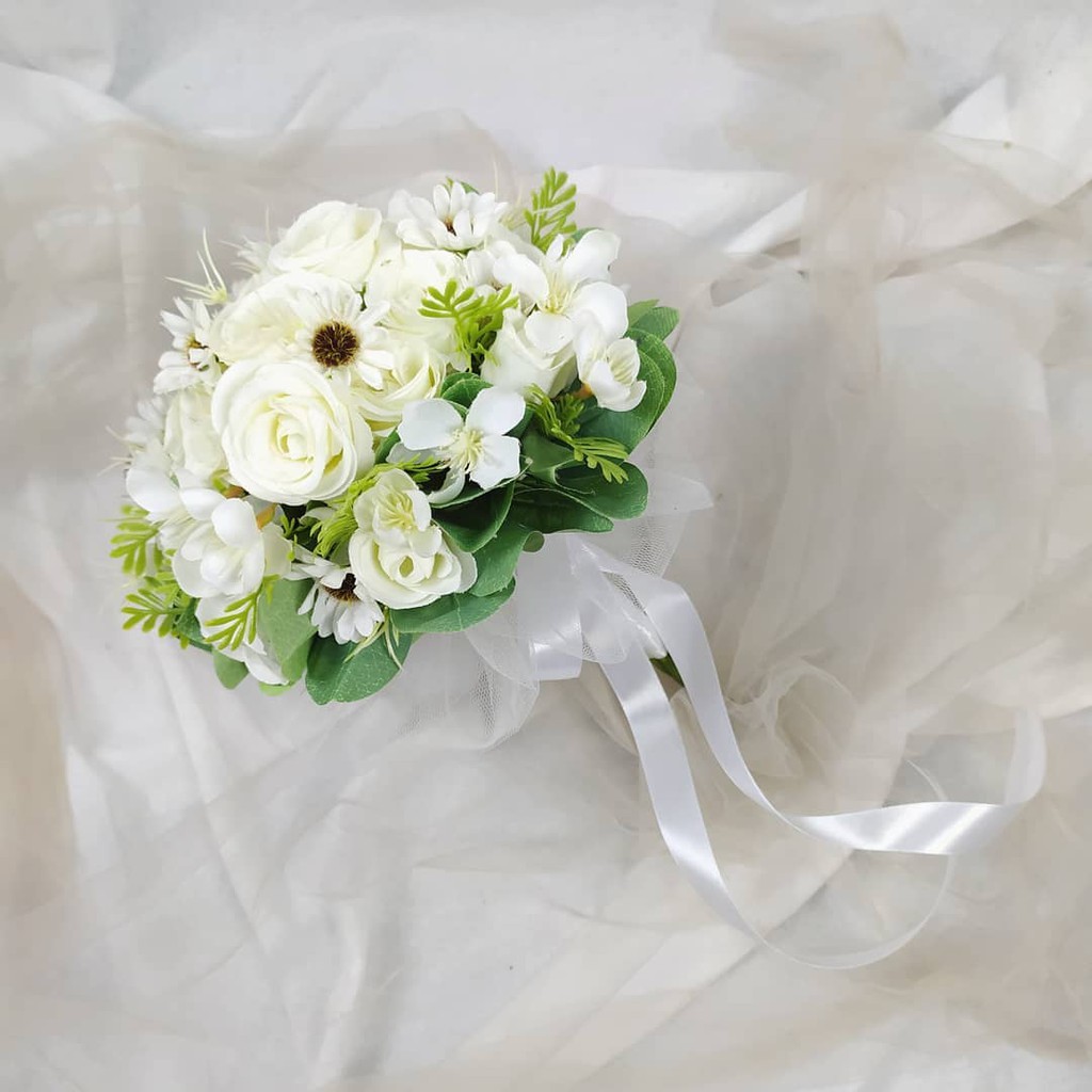 Rustic Buket Bunga Artifisial Putih Wedding Bouquet