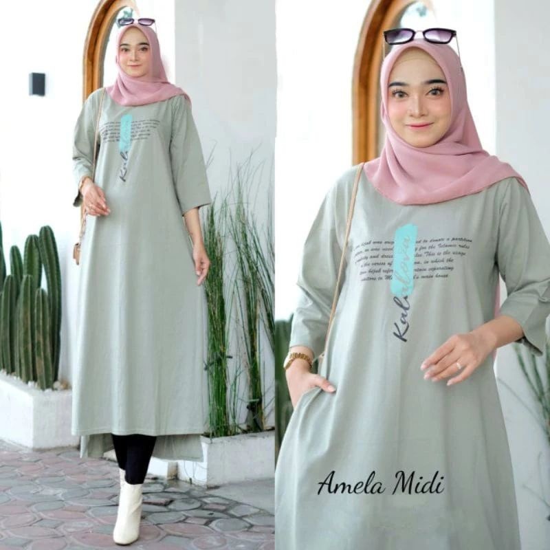AMELA MIDI DRESS BAHAN KAOS KATUN COMBED 24s APLIKASI  SABLON UKURAN S , M , L , XL , XXL MIDI DRESS KOREAN STYLE WANITA TERBARU 2023 KEKINIAN GAMIS WANITA MOTIF POLOS LONG TUNIK WANITA CASUAL