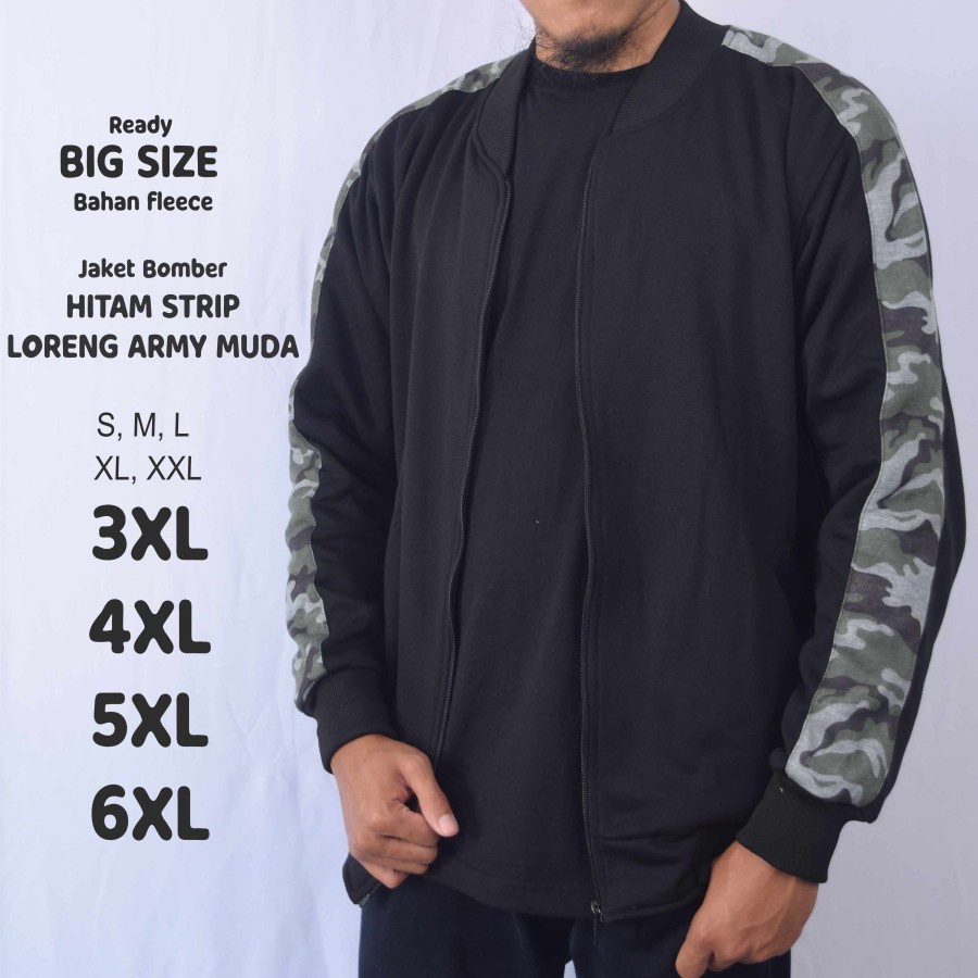 Jaket Bomber Hitam Strip Loreng Army Muda Pria Jumbo