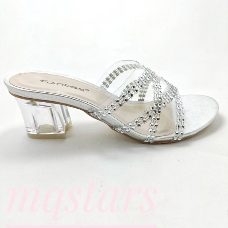 Mqstars-HIGH HEEL WANITA KACA TALI PERMATA/Sandal Heels Hak Kaca 5 cm