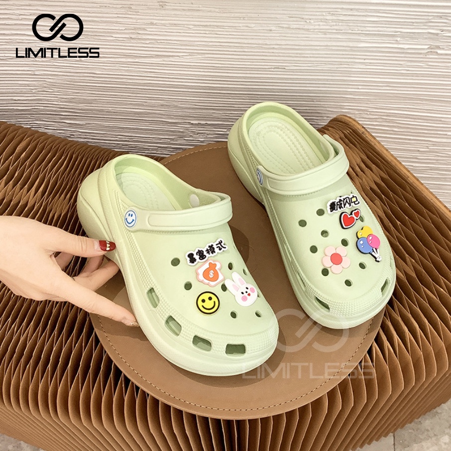 Sandal Fuji Karet Tinggi Jibbitz Viral Slop Sendal Baim Wanita Slip On Wedges Sandal Bakpao  Premium Tebal Terbaru