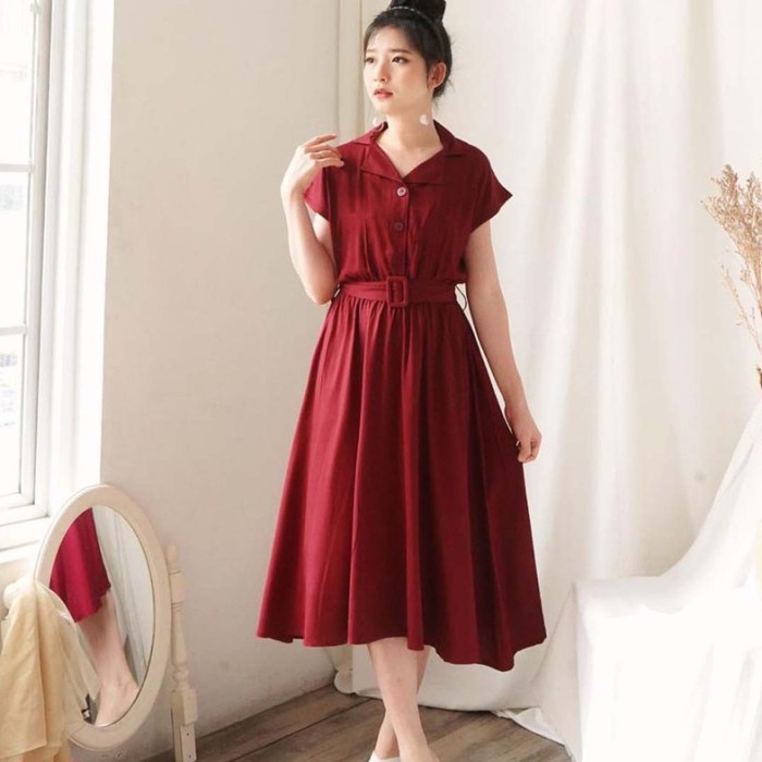 Midi Belt Dress Maroon Formal Casual Elegant Imlek Qipao Cheongsam BC(Q3W7) DAILY DRESS OUTFIT - DAI