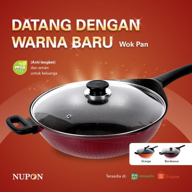 Panci Wok Pan Nupon Anti Lengket 36Cm Dan Tutup Kaca Kompor Induksi - Orange - Diskon Spesial 