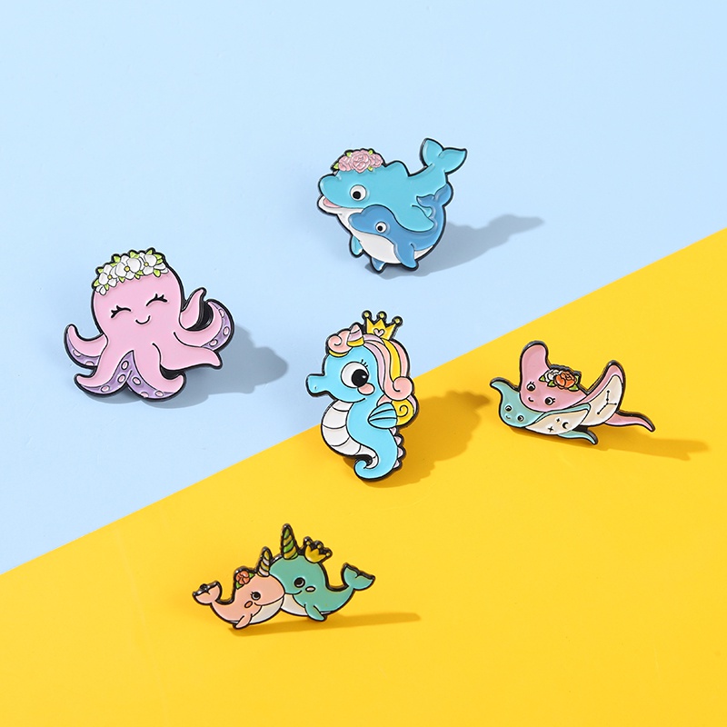 Cute Marine Life Brooch Dolphin Pin Hippcampus Pin Octopus Pin Mobula Pin Cartoon Badge Jewelry Gift