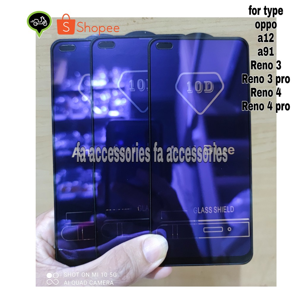 Tempered Glass Bluray Anti Blue Light Full 10D 99D Oppo A12 A91 reno 3 3pro 4 4pro pro screen guard