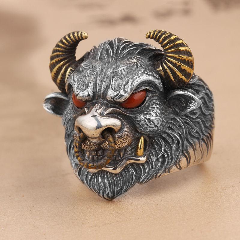 Cincin Bentuk Kepala Banteng Gaya Punk Goth Adjustable Untuk Pria