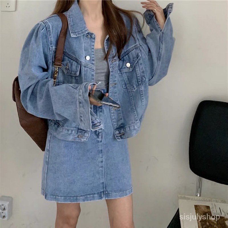 Setelan Gaya Hong Kong Wanita Retro Musim Semi dan Musim Gugur Fashion Jaket Denim Rok Pendek Dua Po